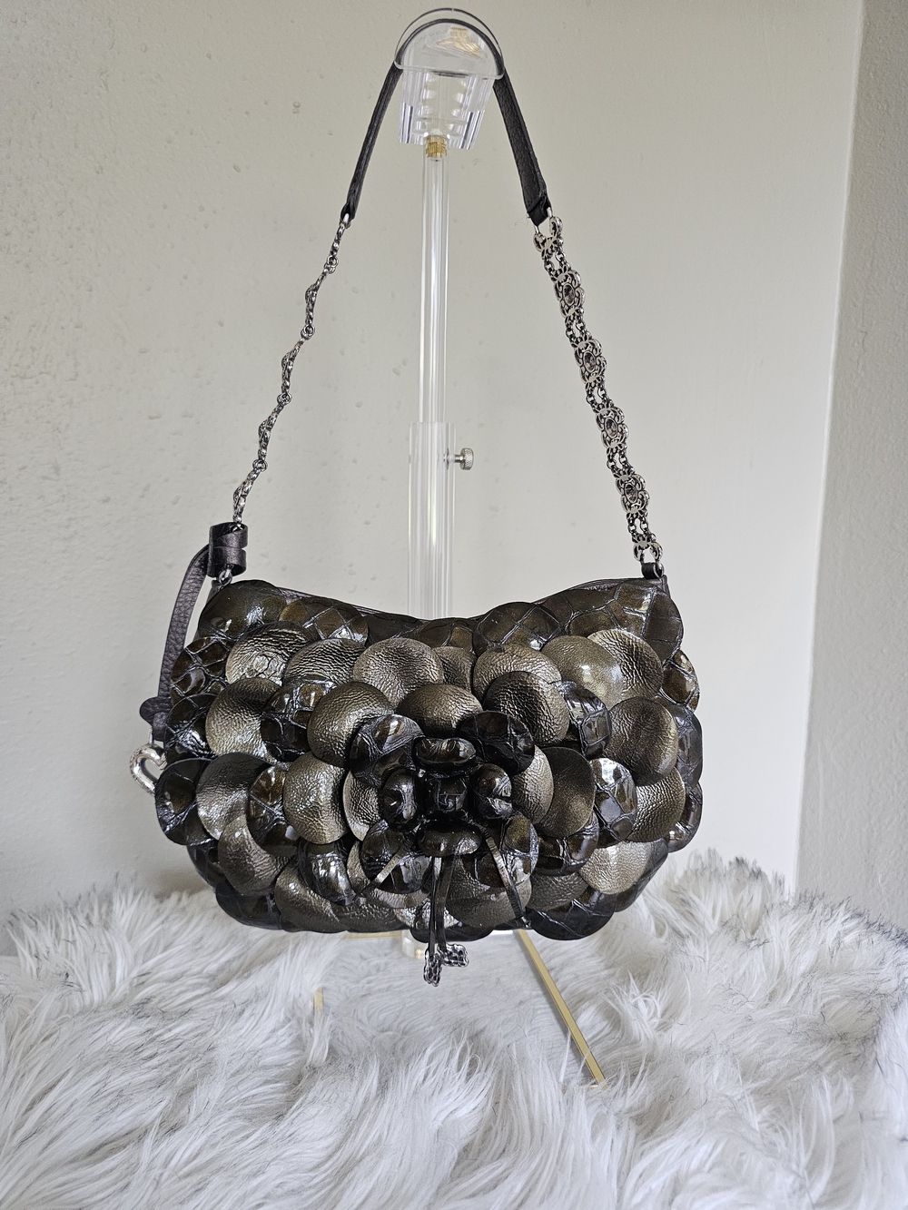 Brighton Rosalie Metallic Olive Green Leather 3D Flower Petal Shoulder Bag